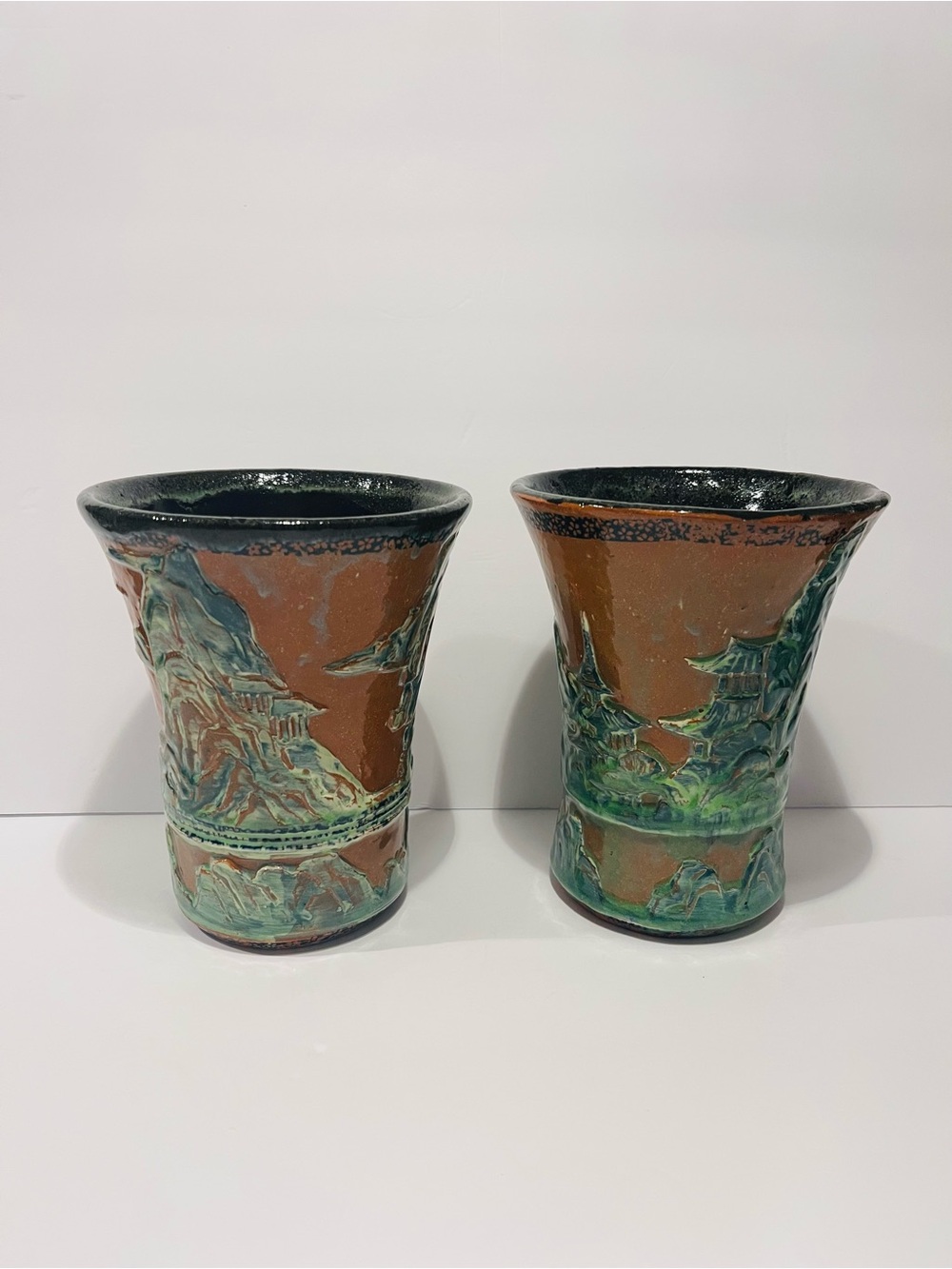 Vintage Art Ceramic Pottery Asian Motif Glazed Vases - Set of 2